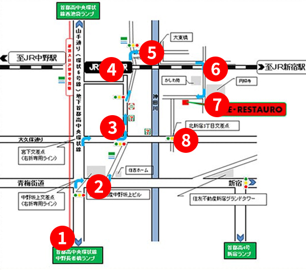 青梅街道方面からのルート解説マップ